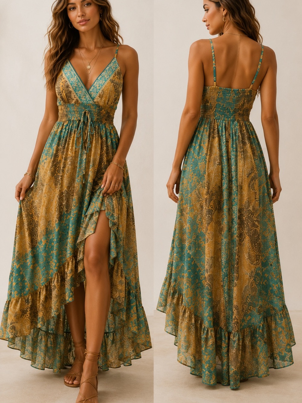 Made in India Bohemian Teal & Mustard Maxi Dress with Smocked Waist